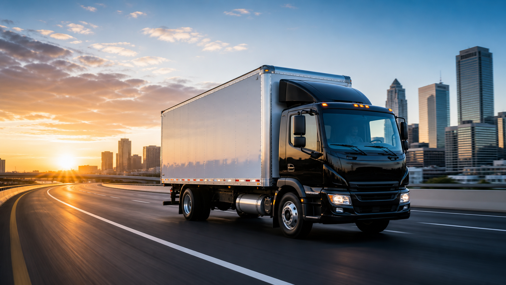 Box truck driving on an open highway