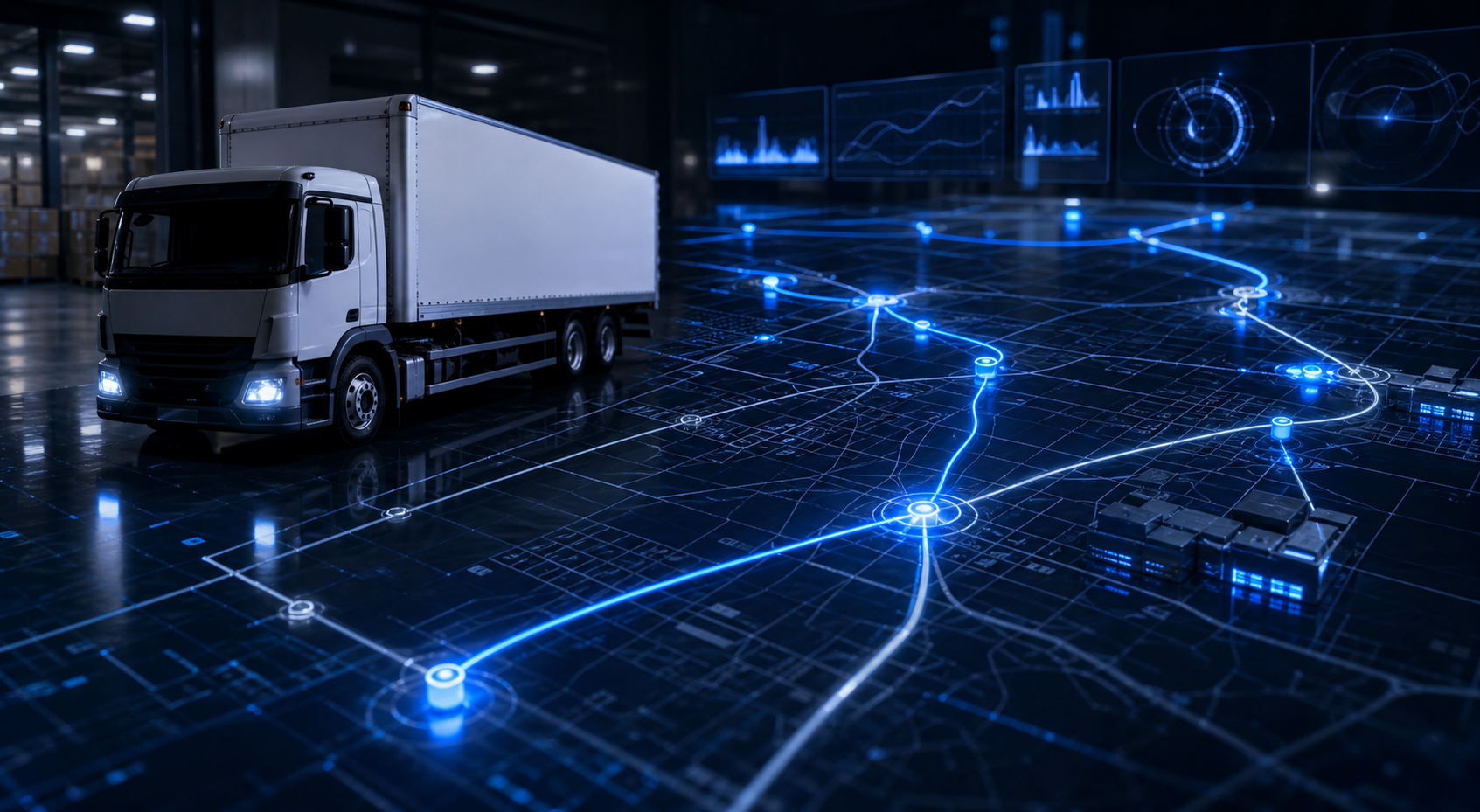 Digital route planning visual with a box truck and logistics map